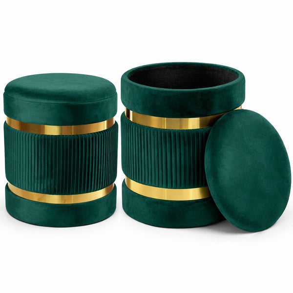 acquista Set 2 Pouf Contenitore Ø 38x44 cm e Ø 31x38 cm con Rivestimento Velluto Verde