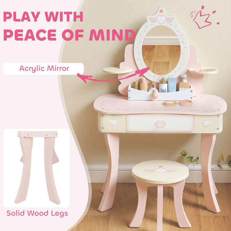 Set Toeletta per Bambine con Specchio e Sgabello con 7 Accessori in Legno Rosa      