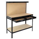 Banco da Lavoro Porta Attrezzi 120 cm in Acciaio con Parete e Cassetto Nero 