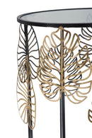 Tavolinetti Foglie Glam Coppia Ø38x55-33x50 cm in Ferro e Vetro Nero e Oro