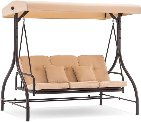 sconto Lit balançoire de jardin 3 places 192x120x170 cm en acier et polyester beige