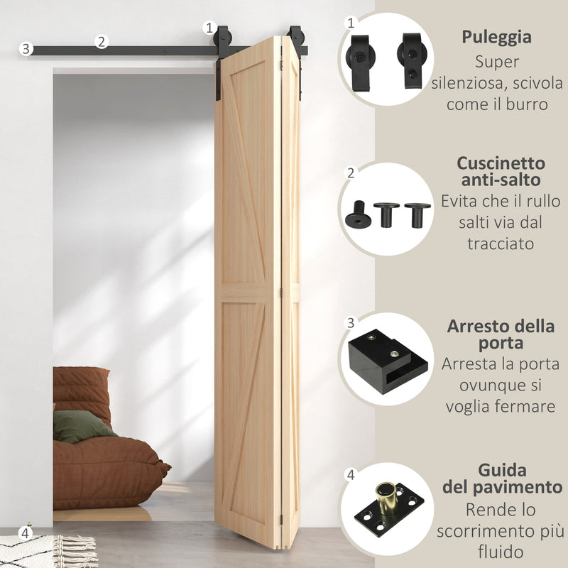 Kit Porta Scorrevole a Libro 122x0.5x4 cm con Binario e Cerniere in Acciaio al Carbonio Nero   