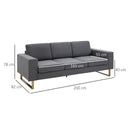 Divano 3 Posti con Cuscini in Tessuto di Lino Grigio scuro 200x82x78 cm 