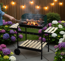 Barbecue a Carbone Griglia 58x38 cm  Ompagrill 70501 Ripiani in Legno e Struttura in Acciaio Verniciato Nero