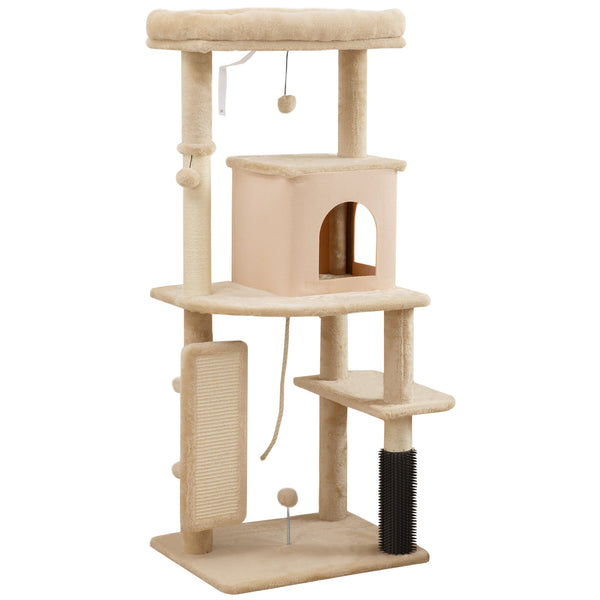 Albero per Gatti Multilivello Alto 132 cm con Casetta Lettino Pali Tiragraffi Spazzola e Pallina Beige sconto