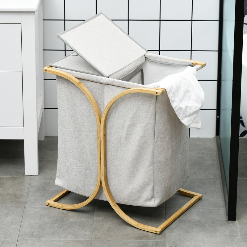 Cesto Portabiancheria 2 Sezioni con Coperchio 55x40x62 cm in Bambù e Poliestere Grigio 