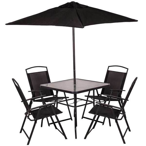 Set da Pranzo 6 Pezzi per Giardino Patio Tavolo Piano in Vetro con Ombrellone e 4 Sedie Pieghevoli Nero prezzo