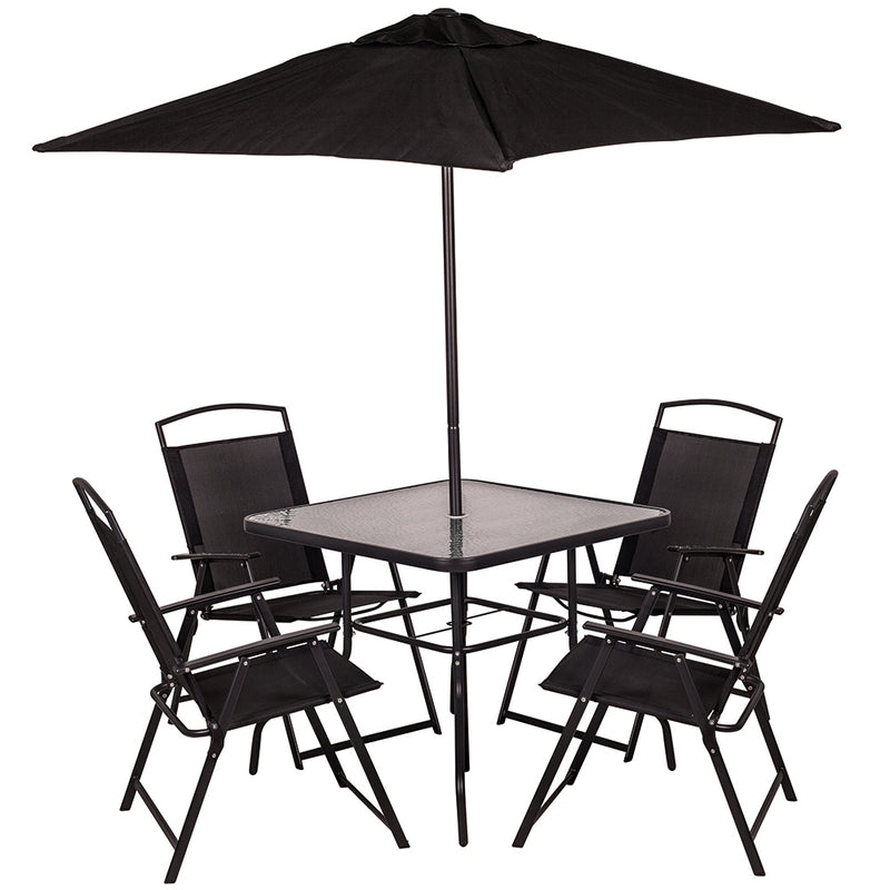 Set da Pranzo 6 Pezzi per Giardino Patio Tavolo Piano in Vetro con Ombrellone e 4 Sedie Pieghevoli Nero