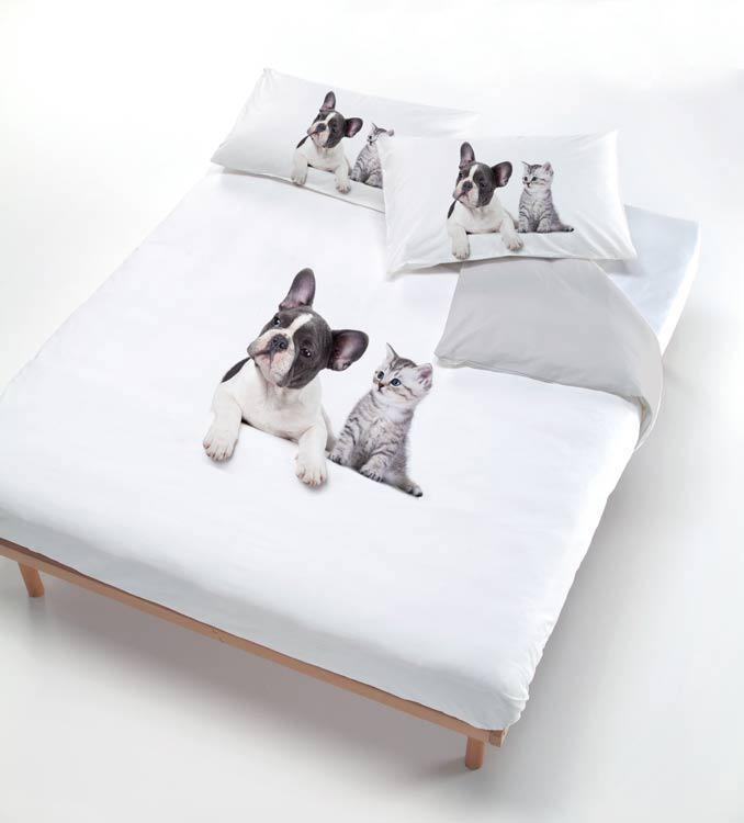 Copripiumino con Stampa sul Sacco e Federe Cane/Gatto Grigio Matrimoniale