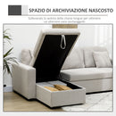 Divano Letto Angolare 225x140x88 cm con Seduta 2 Posti e Penisola Vano Contenitore e 2 Cuscini in Tessuto Crema      