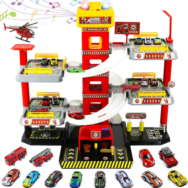 Garage Giocattolo Multilivello per Bambini Stazione dei Pompieri Elicottero e Macchinine con Luci e Suoni Multicolore sconto