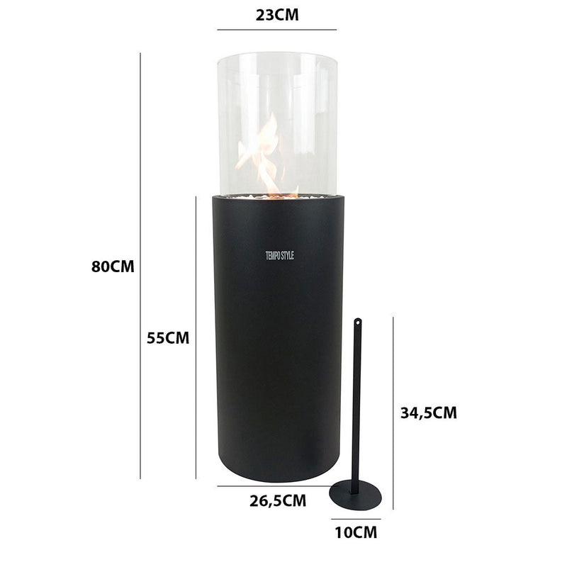 Camino a Bioetanolo da Pavimento Ø26,5x80 cm TALOS per Interni ed Esterni in Vetro e Acciaio Nero Opaco