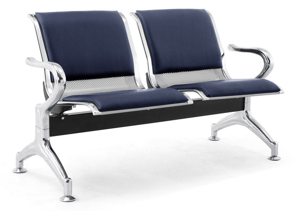 sconto Banc de Bureau pour Salle d'Attente 2 Places avec Coussin en Acier et Simili Cuir Argenté/Bleu Marine