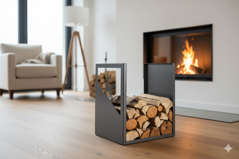 Porta Legna Sagomato Cervo 40,5x35,5x50 cm in Ferro Verniciato Grigio Martellato