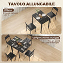 Set da Pranzo con Tavolo Allungabile 120x80x76 cm e 4 Sedie Impilabili in MDF e Metallo Nero      