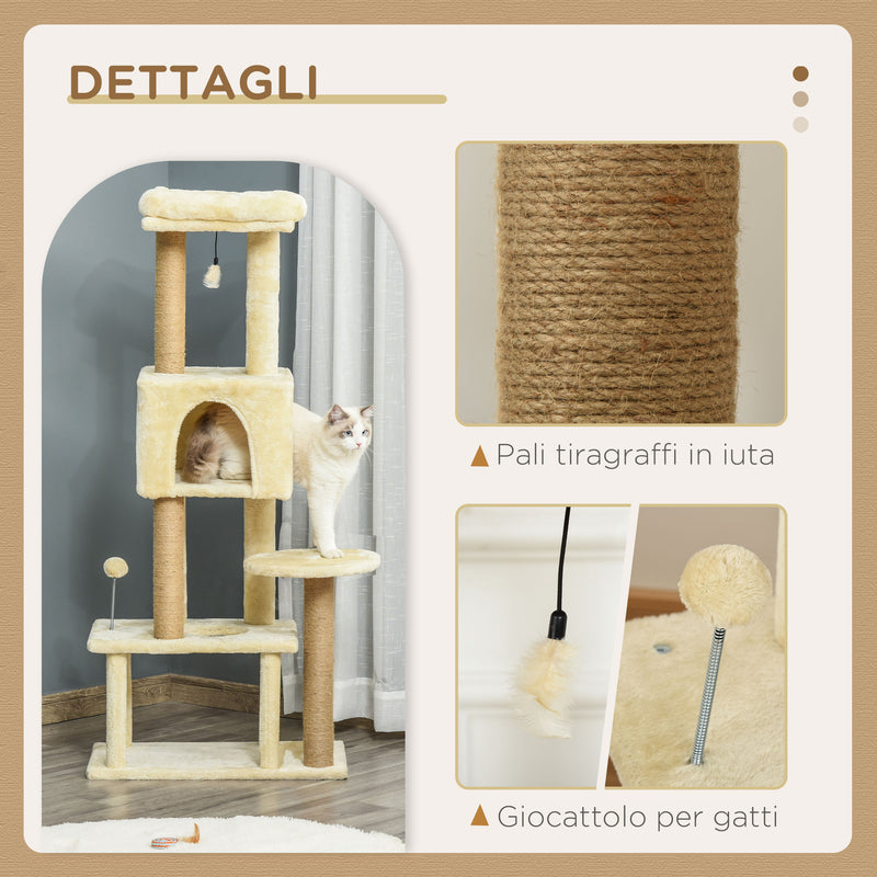 Albero Tiragraffi per Gatti Alto 136 cm con Cuccia Rimovibile Casetta e Lettino Pali in Iuta Beige      