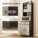 Mobile Alto Cucina Credenza Moderna 60x40x180 cm con Mensola e Foro Passacavi Rivestimento in Melamina Nero e Color Legno
