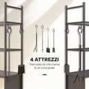 Porta Legna per Interni ed Esterni 45x30x118 cm con Ruote e 4 Utensili Pala Attizzatoio Spazzola e Pinze in Metallo Nero      