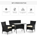 Set da Giardino Divano 2 Poltrone e Tavolo in Rattan Nero