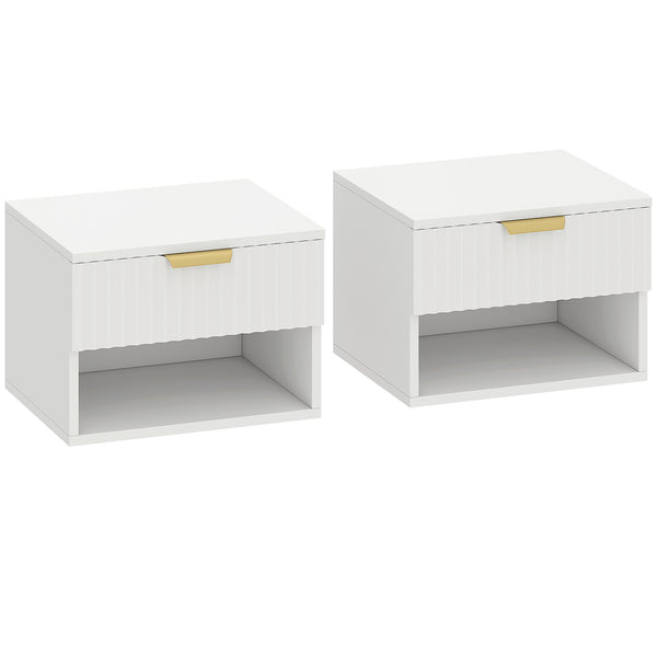 acquista Set di 2 Comodini Sospesi 40x34x29 cm con Pannelli Scanalati Cassetto e Ripiano Bianco