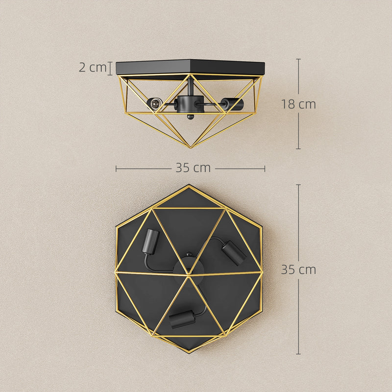 Lampadario Stile Industriale Geometrica con 3 Attacchi E27 per Lampadine LED in Metallo Nero e Oro      