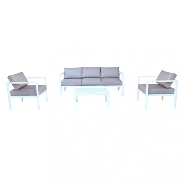 prezzo Salon de jardin canapé 2 fauteuils et table basse avec coussins en aluminium blanc