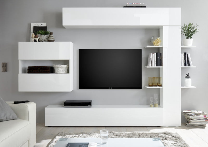 Parete Attrezzata Mobili Soggiorno Mobile TV Libreria 2 Pensili TFT Akira 1 Bianco Lucido