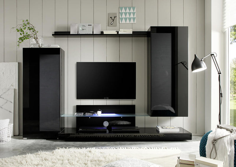 Parete Attrezzata Mobili Salotto 2 Mobili a Colonna 1 Mobile TV 1 Mensola 300x51x170cm TFT  Lago Nero Lucido Serigrafato