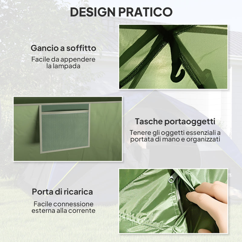 Tenda da Campeggio per 3 Persone Impermeabile 205x275x135H cm con Tasche e Gancio per Lanterna Verde   
