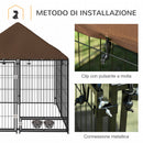 Recinto per Cani con Porticina per Ciotole 141x141x151 cm in Metallo e Tessuto Oxford Nero e Marrone