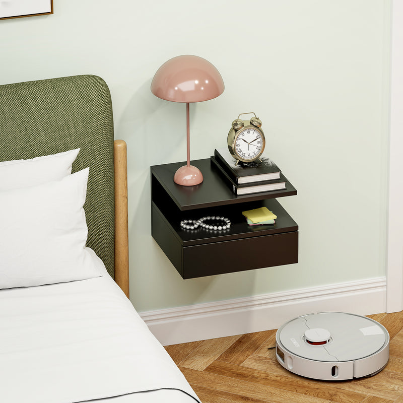 Comodino Sospeso per Camera da Letto 35x32x22,5 cm con Cassetto in Legno Nero  