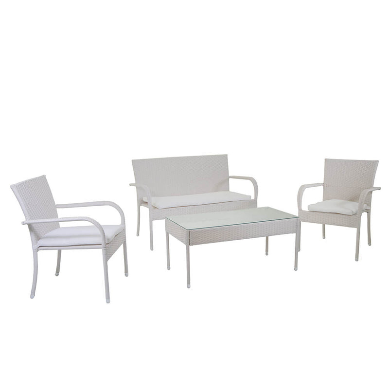 Set Salotto da Giardino Tavolino Divano 2 Sedie in Polyrattan con Cuscini Melbourne Bianco
