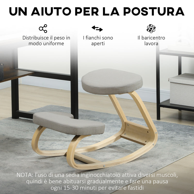 Sedia Ergonomica con Inginocchiatoio 50x73x55 cm Movimento a Dondolo in Legno di Betulla Grigio 