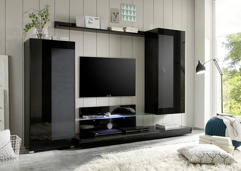 Parete Attrezzata Mobili Salotto 2 Mobili a Colonna 1 Mobile TV 1 Mensola 300x51x170cm TFT  Lago Nero Lucido Serigrafato