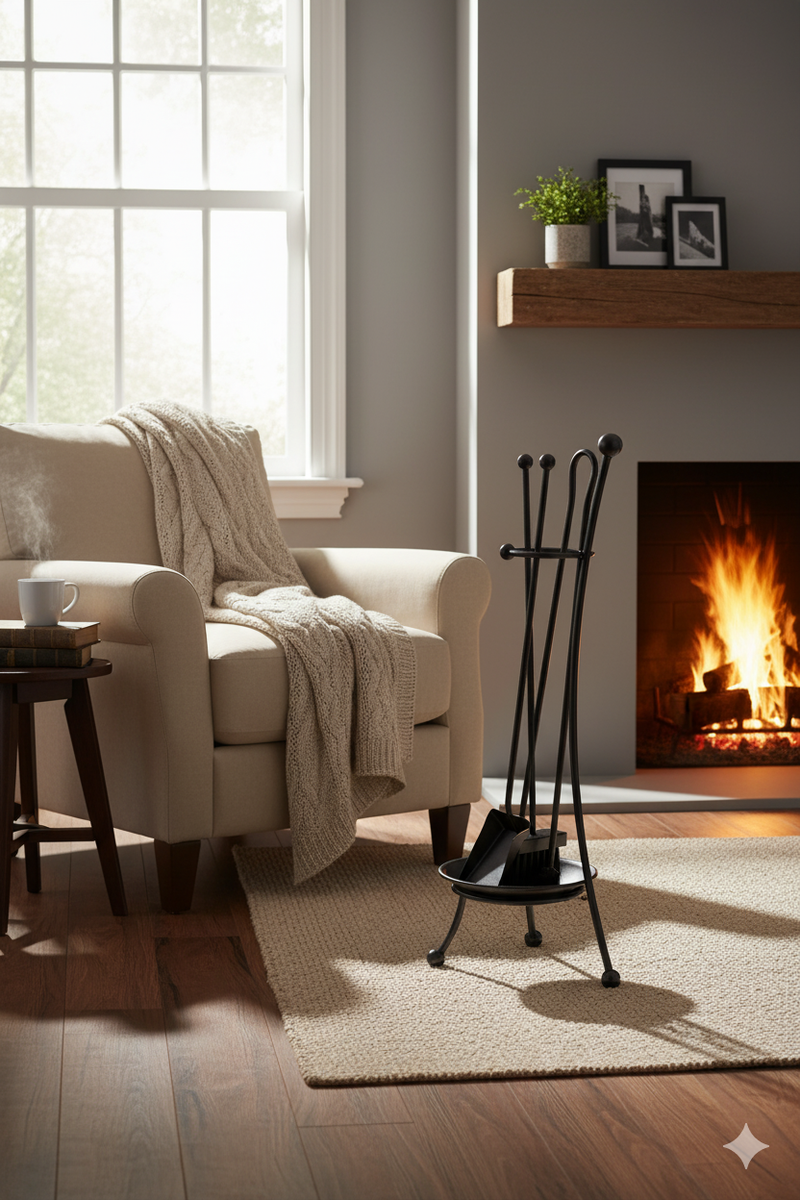 Trespolo per Attrezzi Camino a Bacinella con Paletta Scopino Attizzino e Pinza 22x22x65 cm in Ferro Verniciato Grigio Martellato