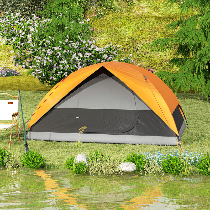 Tenda da Campeggio per 3 Persone Impermeabile 205x275x135H cm con Tasche e Gancio per Lanterna Arancione   