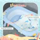Vaschetta Bagnetto Pieghevole per Bambini 0-6 Anni 83x48x23,5 cm con Cuscino e 2 Ripiani Blu e Bianco