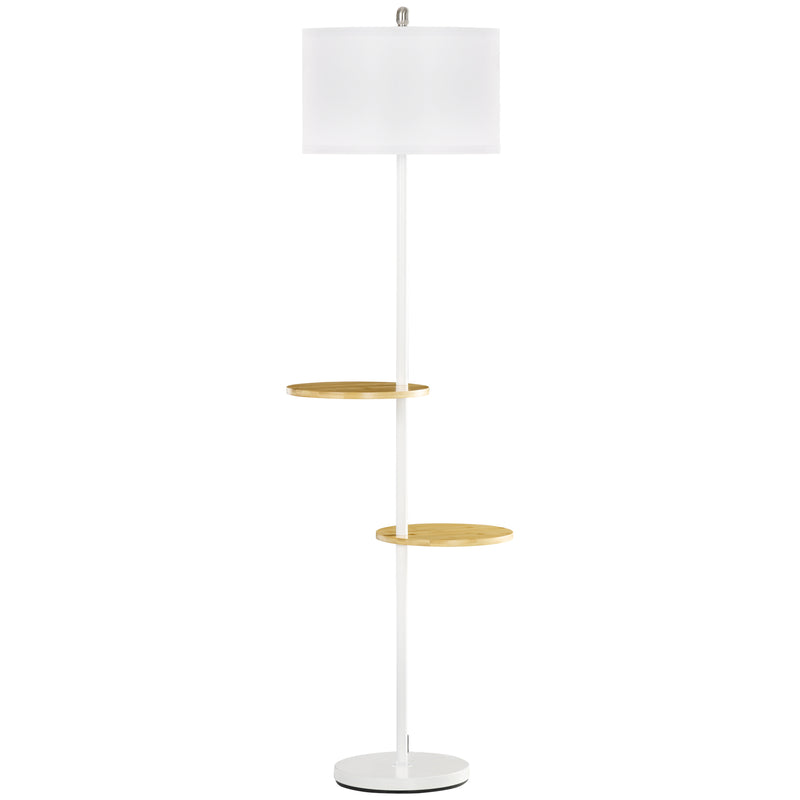 Lampada da Terra a Piantana Ø40x163 cm con 2 Mensole e Paralume in Tessuto Bianco