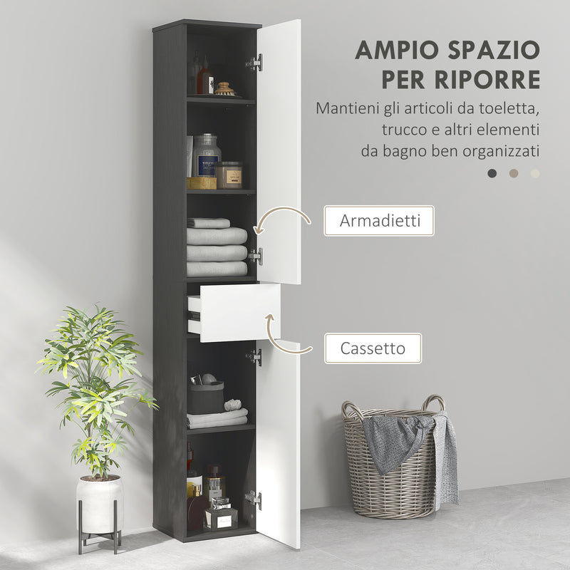 Mobile a Colonna da Bagno Salvaspazio con 2 Armadietti e Cassetto 30x28x180 cm Nero e Bianco 