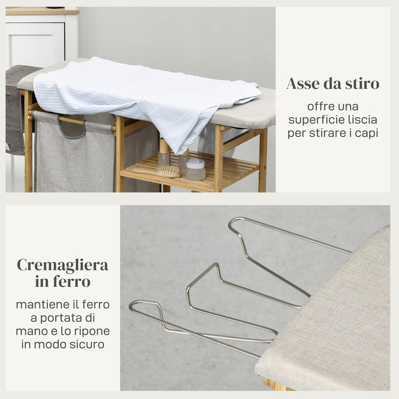 Cesto Portabiancheria con Asse da Stiro e 3 Ripiani in Bambù 113x34x82 cm  