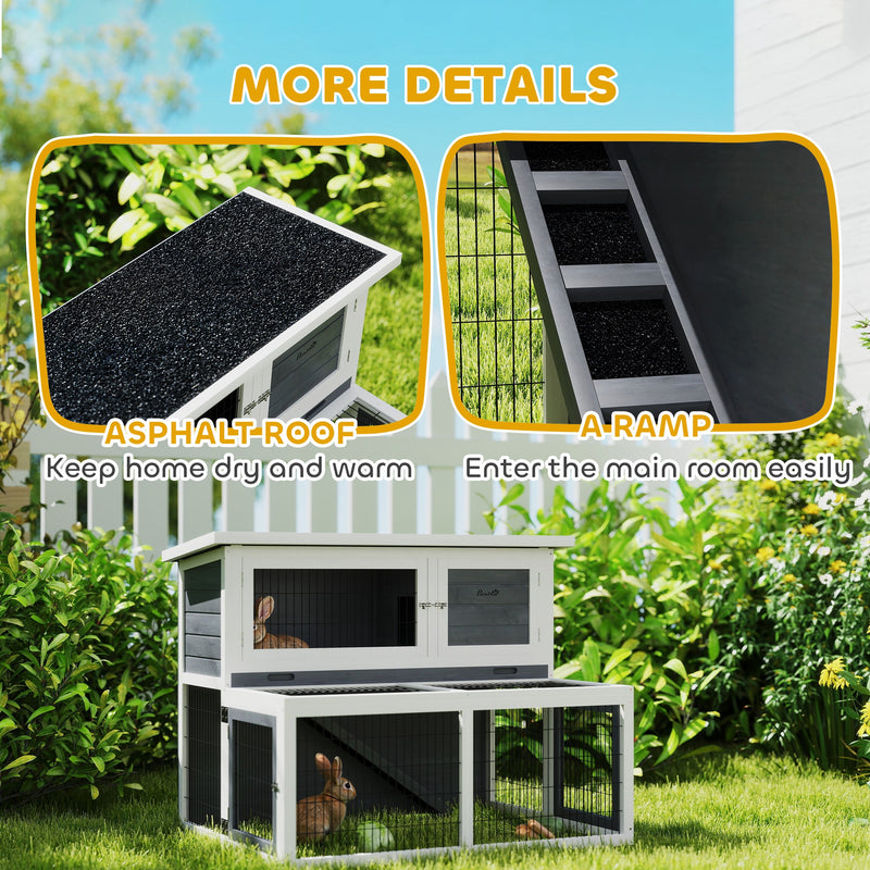 Conigliera a 2 Livelli 122x95x93,5 cm con Vassoio Estraibile  in Legno di Abete e Acciaio Grigio e Bianco  