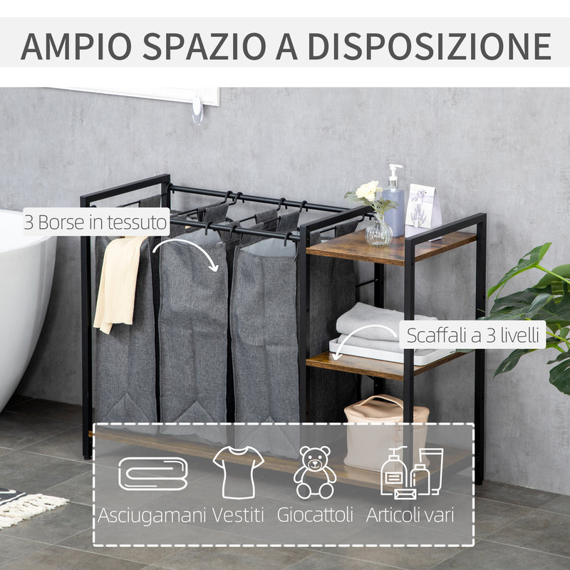 Mobile Portabiancheria 106x40x75 cm con 3 Sacchi in Tessuto e 3 Ripiani Grigio e Marrone