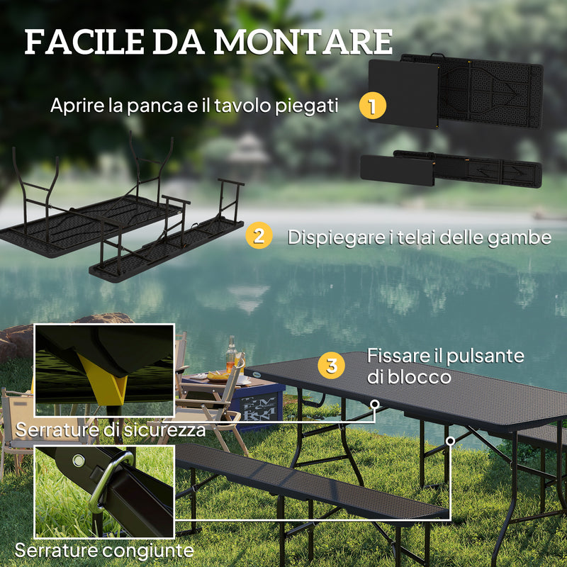 Set da Pic Nic Pieghevole a 3 Pezzi con Tavolo e 2 Panche in HDPE e Metallo Nero    