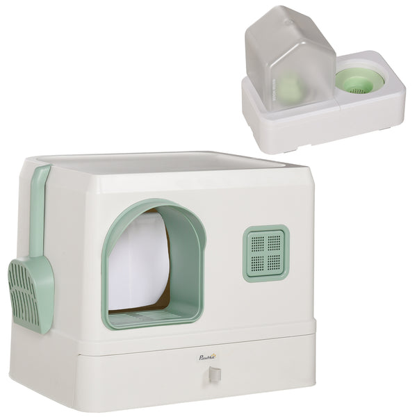 Lettiera Coperta per Gatti 50x40x40 cm con Fontanella Vassoio e Paletta Verde e Bianca online