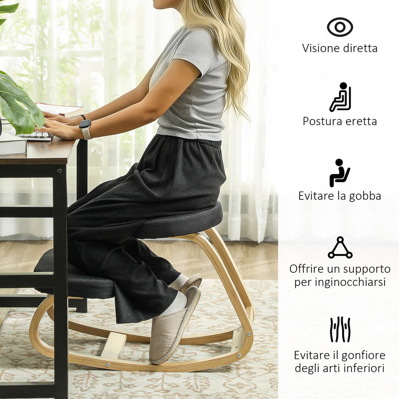 Sedia Inginocchiatoio con Movimento a Dondolo 50x73x55 cm in Tessuto Effetto Lino e Legno di Betulla Nero 