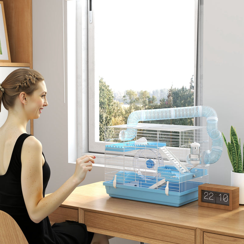 Gabbia per Criceti a 3 Piani 47,5x31,5x29,5H cm con Accessori Azzurro   