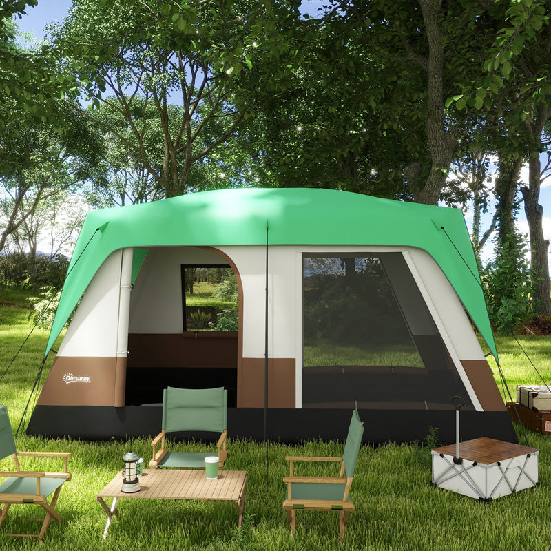 Tenda da Campeggio 4 Posti a Tunnel Impermeabile con Finestre a Rete 490x305x225 cm in Poliestere Verde