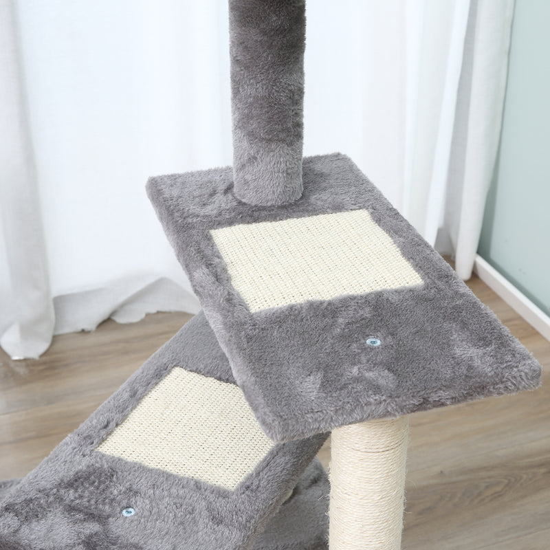Albero Tiragraffi per Gatti 48,5x 48,5x100 cm con Lettino Pali in Sisal Rivestimento in Peluche Grigio