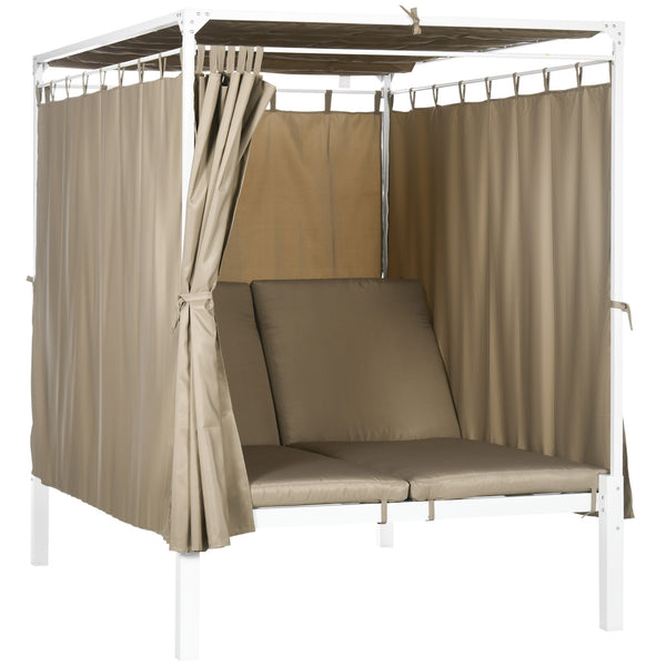 acquista Lettino a Baldacchino da Esterno 210x149x200 cm Schienale Regolabile con Tende Khaki e Bianco