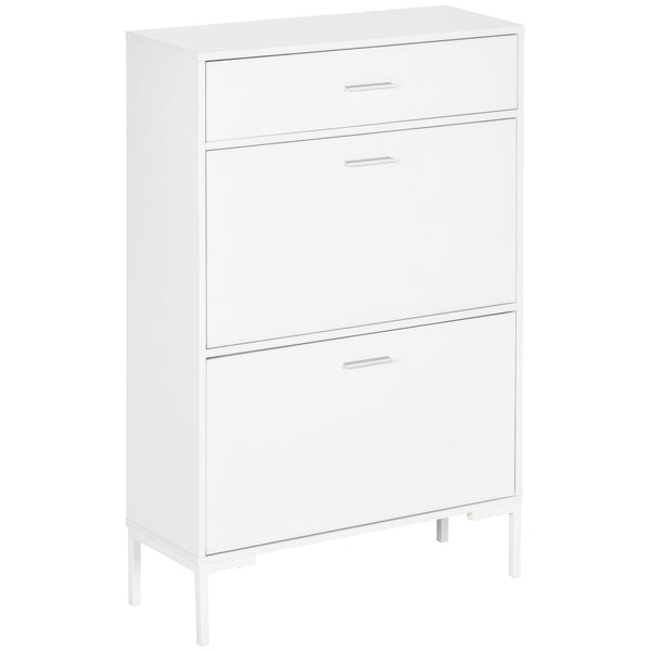 Scarpiera 12 Paia di Scarpe 76x26x110 cm 2 Ante a Ribalta e Cassetto in MDF e Metallo Bianco prezzo